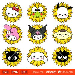 sunflower sanrio characters bundle svg, sanrio svg, hello kitty svg, kawaii svg, cricut, silhouette vector cut file