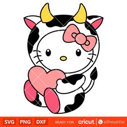 cow hello kitty heart svg, sanrio svg, hello kitty svg, kawaii svg, cricut, silhouette vector cut file