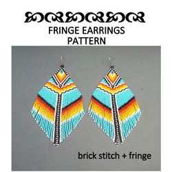 turquoise native fringe beaded earrings pattern brick stitch delica seed bead schema oversized beadwork jewelry beading