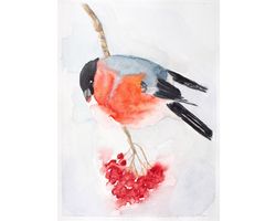 bullfinch original watercolor painting ruffled fat red bird berry branch winter landscape abstract nursery wall decor