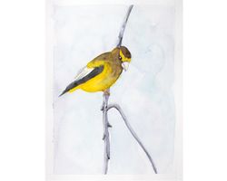 evening grosbeak bird original watercolor painting hawfinch yellow bird tree artwork rustic kitchen home wall art decor