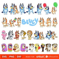 bluey characters bundle svg, birthday invitation svg, bluey the dog svg, bluey and bingo svg, cricut, silhouette vector
