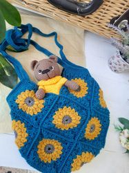 blue sunflower bag, sunflower tote, market bag, crochet bag, sunflower purse, drawstring backpack, handmade tote