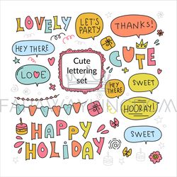 party phrase cartoon lettering clip art vector illustration set