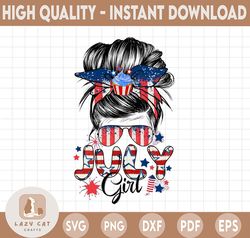 July Girl American Flag Messy Bun Sublimation PNG Digital file