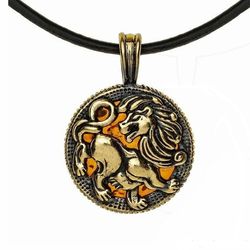 lion necklace lion jewelry leo gifts mens necklace amber jewelry lion pendant leo zodiac amulet necklace medallion coin
