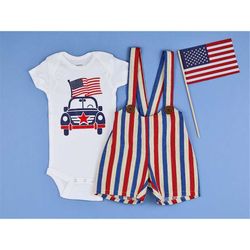 first 4th of july boy outfit. boys first birthday. july patriotic car shirt  and suspender shorts.