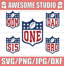 football first birthday svg, bundle one mom dad sis bro family svg, football theme birthday boy svg, boys birthday svg,