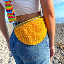 crochet fanny pack pattern, summer crossbody purse, small messenger handbag, beach sling bag unisex