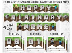 printable minecraft birthday banner pdf | jpeg, minecraft printable happy birthday banner letters numbers  /  instant do