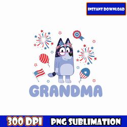 grandma bluey png, family blue character 4th july png bundle, blue dog family 4th of july png, patriotic cartoon png