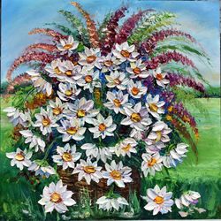 wildflowers, oil painting. impasto painting. daisies landscape in oil. modern oil painting