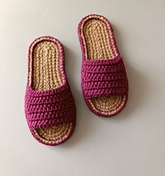 womens hemp slippers viva magenta color natural shoes cotton knitted slides handmade