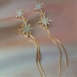 bridal crystal stars gold chain tassels earrings. minimalist long sparkly jewelry. korean  dangle earrings.