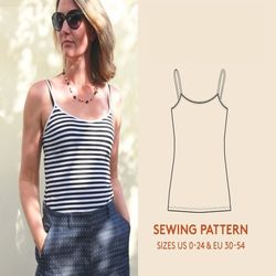 camisole pdf pattern in sizes us 0-24 euro 30-54, strap top pdf sewing pattern, easy beginner sewing project