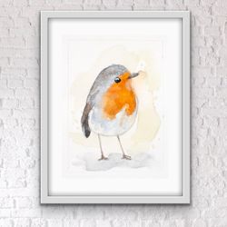 aceo european robin bird original watercolor painting little songbird small art redbreast warbler nursery wall decor