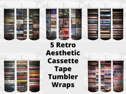 5 retro cassette tapes tumbler wrap design bundle - png sublimation printing design - 20oz tumbler designs