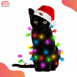 cat christmas svg, animal svg, santa hat svg, black cat svg, christmas light svg, cat