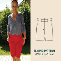 shorts sewing pattern pdf for women in sizes us 0-16 and euro 30-46, city shorts sewing pattern, instant download