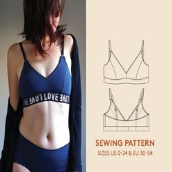 bralette pdf sewing pattern, video tutorial, sizes 2xs-4xl, easy sewing project for beginners