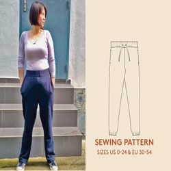 pants sewing pattern in sizes us 0-24 / eu 30-54, video tutorial, easy sewing project for beginners, instant download