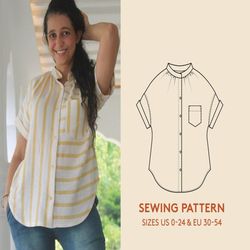 button-up shirt pdf sewing pattern with gathers at the neckline, blouse sewing pattern for womens sizes 0-24/30-54