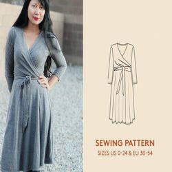 dress sewing pattern, wrap dress in plus sizes for women, women's pdf sewing pattern