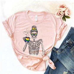 messy bun skeleton drinking coffee straight ally flag shirt, lgbtq pride shirt, straight ally shirt, straight ally outfi