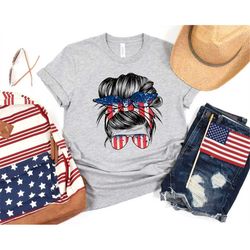 american girl shirt, messy bun hair shirt, 4th of july shirt, independence day shirt, 4th of july gift for woman, indepe