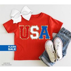 Toddler Girls 4th of July Shirt, Chenille Patch Shirt, Kids July 4th Tshirt, Glitter USA Shirt, Memorial Day Shirt plus