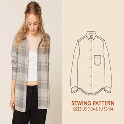 shirt sewing pattern and video tutorial, woman's sizes us 0-24 / euro 30-54, button-down shirt pdf sewing pattern