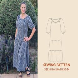 dress pdf sewing pattern in sizes us 0-24/euro 30-54, buffet dress with tiers and gathers, instant download