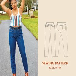 jeans sewing pattern, video tutorial, size 26"- 40",five pocket fitted jeans pdf sewing pattern