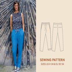 pants sewing pattern, video tutorial, sizes us 0-24/euro 30-54, easy sewing pattern for beginners