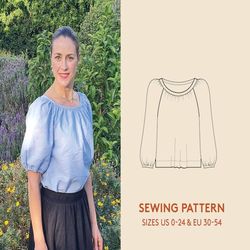 blouse sewing pattern, sewing video tutorial, women's sizes us 0-24 / euro 30-54, peasant blouse with gathers