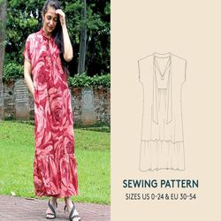 kaftan dress with smock pdf sewing pattern in sizes us 0-24 euro 30-54, loose tunic dress sewing pattern