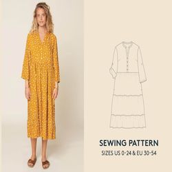 smock dress sewing pattern and video tutorial in sizes us 0-24 euro 30-54, tiered smock dress pdf sewing pattern