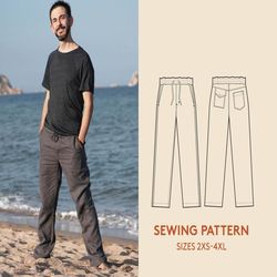 pants sewing pattern and video tutorial, men's sizes 2xs-4xl, linen pants pdf pattern for men. easy sewing project