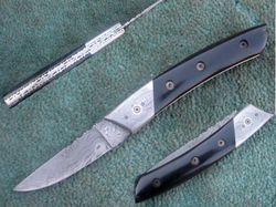 hand forged folding knife , custom hand made damascus steel folding pocket knife