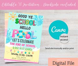 editable canva goodbye school hello pool invitation, end of year party, pool party invitation  5x7