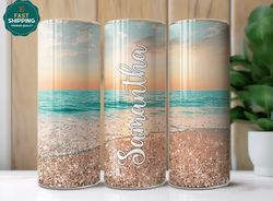 personalized beach tumbler with straw, summer vacation tumbler for her, personalized beach theme tumbler cup