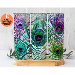 Glitter Feather Peacock Tumbler Skinny, 20oz Skinny Tumbler, Cute Glitter To Go Cup, Peacock Tumbler With Straw And Lid,