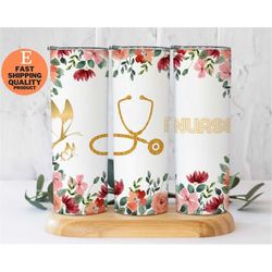 floral nurse golden stainless steel tumbler - perfect gift for healthcare workers, stylish floral nurse tumbler - durabl