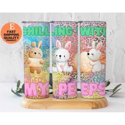 chilling with my peeps bunny leopard print egg stainless steel tumbler, fun and festive easter tumbler with bunny, leopa