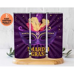 20 oz skinny blue mardi gras tumbler with mask - perfect for masquerade parties, mysterious tumbler with mask design