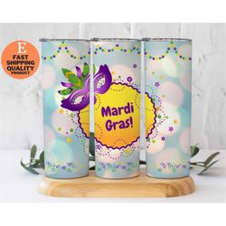 20 oz skinny mardi grass tumbler with mask design, mardi grass glittery tumbler, mardi grass tumbler with elegant design