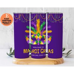 sip in style with 20oz blue mardi gras tumbler with mask, mysterious blue skinny tumbler with mardi grass mask