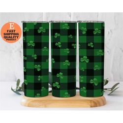 shamrock st. patrick's day green and black buffalo plaid and glitter tumbler - insulated stainless steel cup