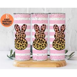pink and white pastel leopard bunny steel tumbler, 20 oz tumbler, trendy and eye catching skinny tumbler for easter deco