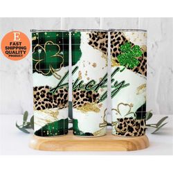 lucky charm st. patrick's day tumbler with leopard and glitter, lucky leopard mug, st. patrick's day gift